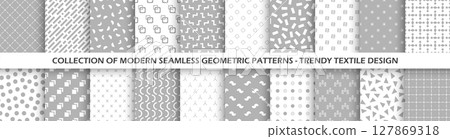 Collection of vector seamless geometric minimalistic patterns in different styles. Monochrome repeatable unusual backgrounds. Endless gray and white prints, modern textile textures Collection of vector seamless geometric minimalistic patterns in different styles. Monochrome repeatable unusual backgrounds. Endless gray and white prints, modern textile textures 127869318