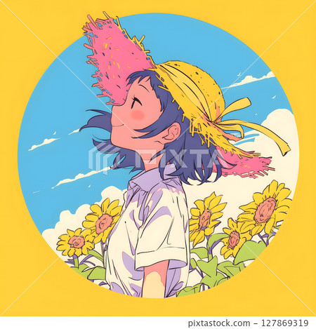 戴著草帽的女孩在向日葵田裡仰望天空 戴著草帽的女孩在向日葵田裡仰望天空 127869319