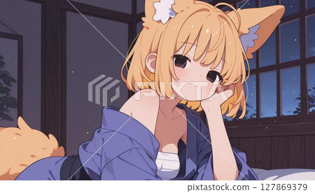 Cute Kitsune Anime Girl in Kimono Relaxing 127869379