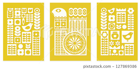 Retro Scandinavian Folk Poster Set in Mid Century Modern Style. Vector Illustration Retro Scandinavian Folk Poster Set in Mid Century Modern Style. Vector Illustration 127869386