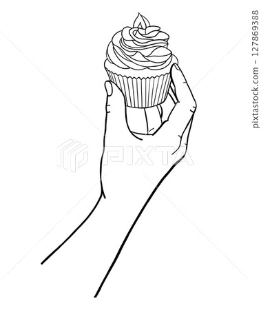 Human Hand Holding Cupcake, Muffin Vector Line Illustration 127869388