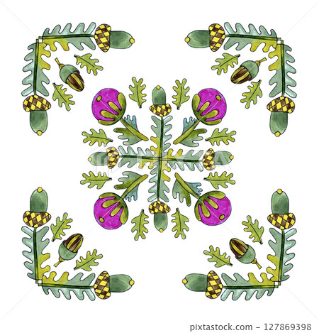 Folk ornament of tree leaves, oak acorns with reed flowers, watercolor illustration isolated on white background, for your invitations, congratulations and gifts. 127869398