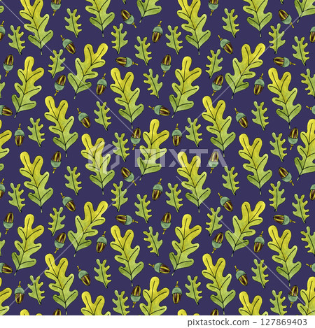 Oak autumn leaves and acorns hand-painted, watercolor illustration, seamless pattern in natural colors, for wrapping paper, background, wallpaper and fabric. Oak autumn leaves and acorns hand-painted, watercolor illustration, seamless pattern in natural colors, for wrapping paper, background, wallpaper and fabric. 127869403