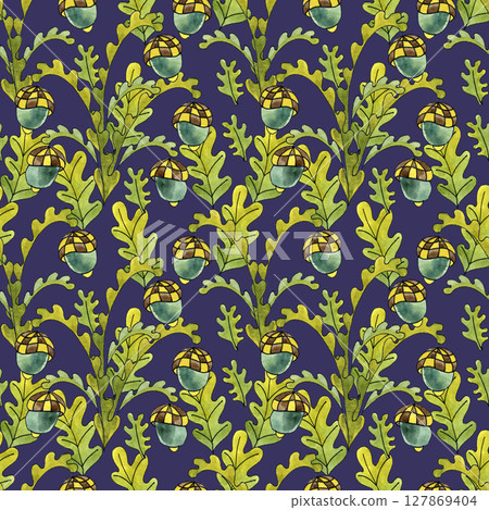 Oak autumn leaves and acorns hand-painted, watercolor illustration, seamless pattern in natural colors, for wrapping paper, background, wallpaper and fabric. Oak autumn leaves and acorns hand-painted, watercolor illustration, seamless pattern in natural colors, for wrapping paper, background, wallpaper and fabric. 127869404