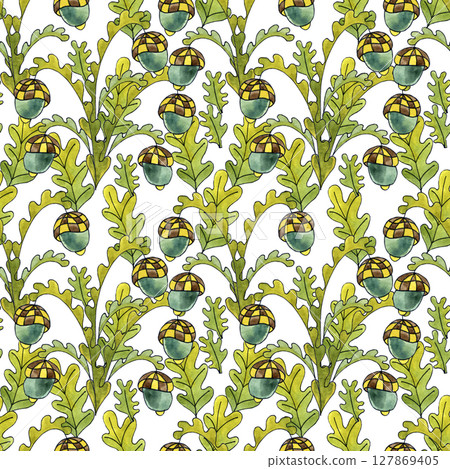 Seamless watercolor pattern with graphic elements, green oak leaves with acorns on a white background. Seamless watercolor pattern with graphic elements, green oak leaves with acorns on a white background. 127869405