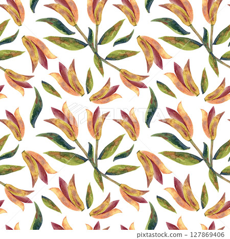 Beautifully stylized orange lily design on a neutral background creating visual harmony, watercolor pattern. Beautifully stylized orange lily design on a neutral background creating visual harmony, watercolor pattern. 127869406