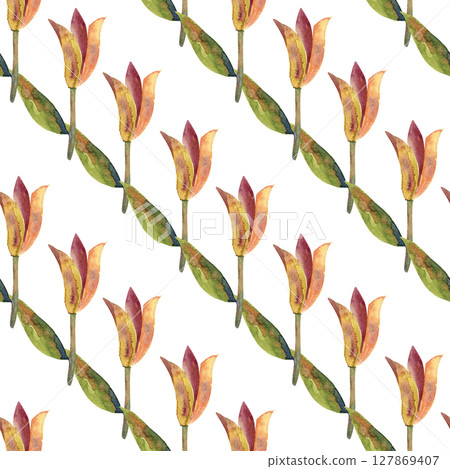 Beautifully stylized orange lily design on a neutral background creating visual harmony, watercolor pattern. Beautifully stylized orange lily design on a neutral background creating visual harmony, watercolor pattern. 127869407