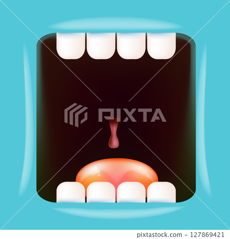 Vector Cartoon wide open mouth isolated on blue background. Funny and cute Halloween blue Monster open mouth with big white teeth and red tongue 127869421