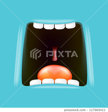 Vector Cartoon wide open mouth isolated on blue background. Funny and cute Halloween blue Monster open mouth with big white teeth and red tongue Vector Cartoon wide open mouth isolated on blue background. Funny and cute Halloween blue Monster open mouth with big white teeth and red tongue 127869422