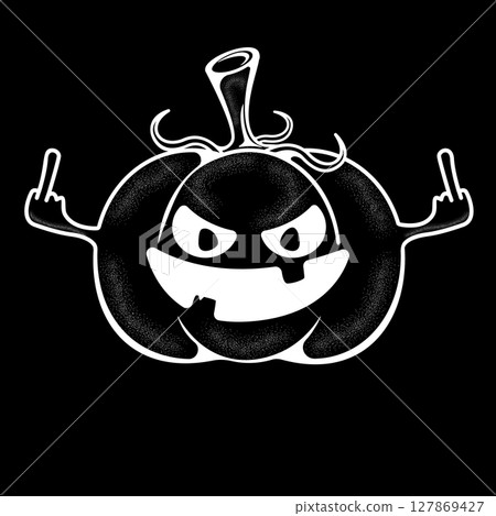 Pumpkin showing middle finger icon isolated on black. Cartoon hand drawn Cute pumpkin character. Halloween Design element for logo, badges, stickers, invitation party cards, banners, labels, posters Pumpkin showing middle finger icon isolated on black. Cartoon hand drawn Cute pumpkin character. Halloween Design element for logo, badges, stickers, invitation party cards, banners, labels, posters 127869427