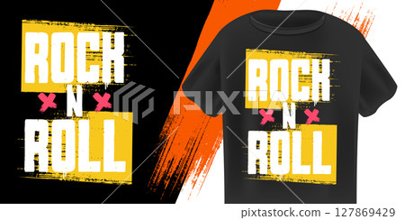 Rock N Roll T-Shirt Design Vector with bold Orange and White Grunge Text with Paint Splatters on Black Background, Ideal for Music, Streetwear, and Festival Apparel. Rock n roll logo design template 127869429