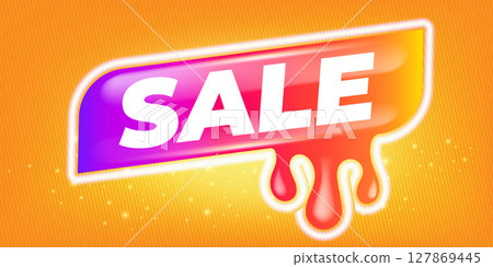 Summer Sale Sticker Liquid Design on orange summer background with sun lights. Price sticker, abstract shape sticker, price tag, retro label, sale or discount sticker, promotional badge label 127869445
