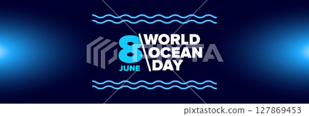 World OCEAN Day Simple Blue Drop neon style Illustration on neon blue water Background for Environmental Awareness and Sustainable Resource Use. Neon World ocean day banner design template 127869453