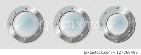 .Realistic Illustration of metal porthole of various shape on transparent background isolated vector illustration. 127869488