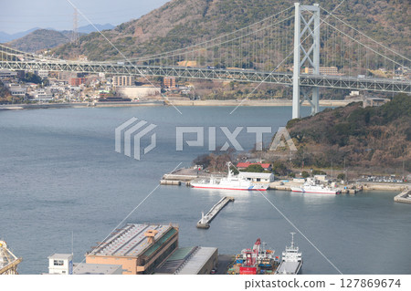 View from Mojiko Retro Observation Room, Kitakyushu City, Fukuoka Prefecture, Kanmon Bridge View from Mojiko Retro Observation Room, Kitakyushu City, Fukuoka Prefecture, Kanmon Bridge 127869674