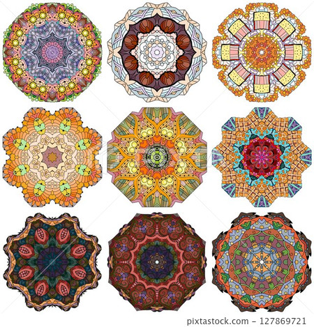 Set of colorful cute Mandalas. Decorative unusual round ornaments. Set of colorful cute Mandalas. Decorative unusual round ornaments. 127869721