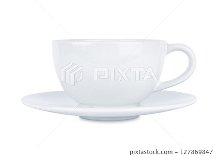 White ceramic cup and saucer isolated on white background. Stock photo 127869847