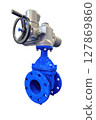 Innovative valve design showcasing sturdy construction and precision engineering in vibrant blue. Isolated on white background. 127869860