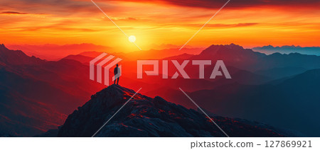 A dramatic sunset over a mountain range, with a lone figure standing on a peak, illustrating an epic cinematic moment 127869921