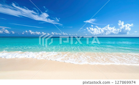 Blue tropical sea, waves crashing on white sand beach Blue tropical sea, waves crashing on white sand beach 127869974