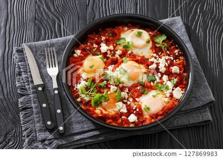 shakshuka, eggs poached in tomato vegetable sauce shakshuka, eggs poached in tomato vegetable sauce 127869983