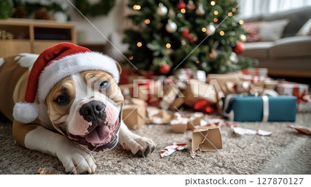 Christmas troublemaker. Bully dog and a ruined gift box 127870127