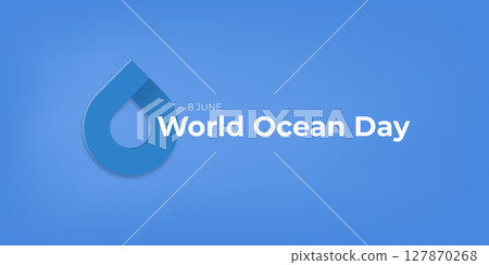 World OCEAN Day Simple Blue Drop Illustration on Light blue water Background for Environmental Awareness and Sustainable Resource Use. World ocean day banner design template 127870268