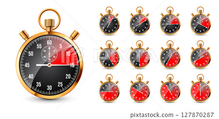 Realistic classic stopwatch. Shiny golden metal chronometer, time counter with dial. Red countdown timer showing minutes and seconds. Time measurement for sport, start, finish. Vector illustration 127870287