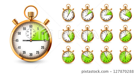Realistic classic stopwatch. Shiny golden metal chronometer, time counter with dial. Green countdown timer showing minutes and seconds. Time measurement for sport, start, finish. Vector illustration Realistic classic stopwatch. Shiny golden metal chronometer, time counter with dial. Green countdown timer showing minutes and seconds. Time measurement for sport, start, finish. Vector illustration 127870288
