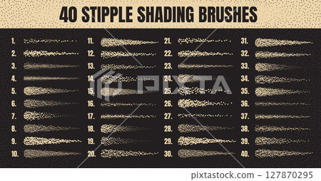 Ink scatter brush, stipple drawing and texturing. Fading gradient. Stippling, dotwork drawing, shading using dots. Halftone disintegration effect. White noise grainy texture. Vector illustration 127870295