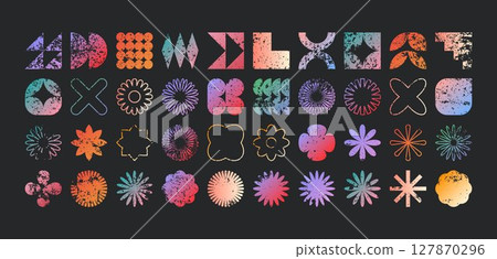 Brutalist geometric shapes, modern grunge symbols. Simple primitive elements and forms, distressed details. Retro design, aged, vintage, trendy contemporary minimalist style, y2k. Vector illustration 127870296