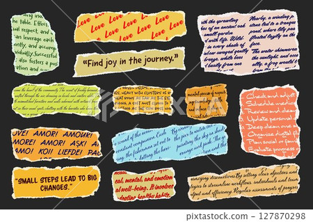 Ripped paper strips with handwritten text. Realistic crumpled paper scraps with torn edges. Shreds of notebook, book or old newspaper pages. Trendy collage elements. Vector illustration Ripped paper strips with handwritten text. Realistic crumpled paper scraps with torn edges. Shreds of notebook, book or old newspaper pages. Trendy collage elements. Vector illustration 127870298