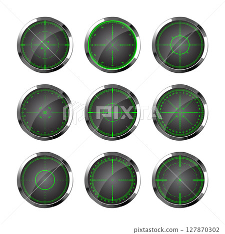 Chrome weapon night sights, sniper rifle optical scopes. Hunting gun viewfinder with crosshair. Aim, shooting mark symbol. Military target sign, silhouette. Game UI element. Vector illustration Chrome weapon night sights, sniper rifle optical scopes. Hunting gun viewfinder with crosshair. Aim, shooting mark symbol. Military target sign, silhouette. Game UI element. Vector illustration 127870302