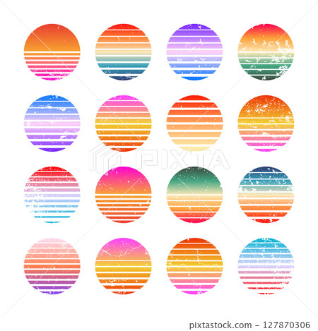 Grunge vintage colorful sunset. Striped gradient sunrise badges in 80s and 90s style. Sun and ocean view, summer vibes, surfing. Design element for print, logo or t-shirt. Vector illustration Grunge vintage colorful sunset. Striped gradient sunrise badges in 80s and 90s style. Sun and ocean view, summer vibes, surfing. Design element for print, logo or t-shirt. Vector illustration 127870306