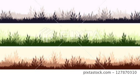 Meadow silhouettes with grass, plants on plain. Panoramic summer lawn landscape with herbs, various weeds. Herbal border, frame. Nature background. Green horizontal banner. Vector illustration 127870310