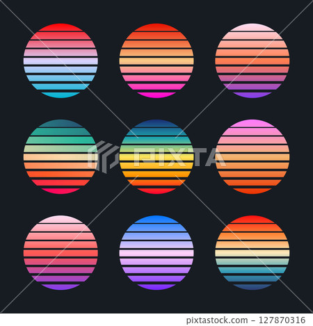 Vintage colorful sunset. Striped gradient sunrise badges in 80s and 90s style. Sun and ocean view, summer vibes, surfing. Design element for print, logo or t-shirt. Vector illustration Vintage colorful sunset. Striped gradient sunrise badges in 80s and 90s style. Sun and ocean view, summer vibes, surfing. Design element for print, logo or t-shirt. Vector illustration 127870316