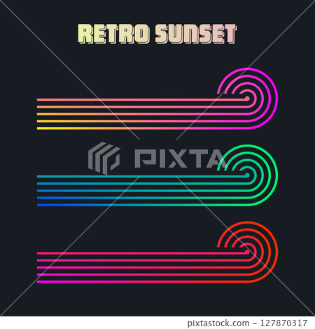 Vintage colorful sunset. Various gradient striped sunrise badges in 80s and 90s style. Sun and ocean view, summer vibes, surfing. Design element for print, logo or t-shirt. Vector illustration Vintage colorful sunset. Various gradient striped sunrise badges in 80s and 90s style. Sun and ocean view, summer vibes, surfing. Design element for print, logo or t-shirt. Vector illustration 127870317