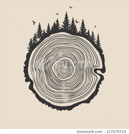 Round tree trunk cut with trees, forest and birds. Sawn pine or oak slice, lumber. Saw cut timber, wood. Brown wooden texture with tree rings. Hand drawn sketch. Vector illustration Round tree trunk cut with trees, forest and birds. Sawn pine or oak slice, lumber. Saw cut timber, wood. Brown wooden texture with tree rings. Hand drawn sketch. Vector illustration 127870318
