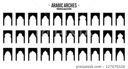 Islamic frames, oriental style objects. Arabic shapes, windows and arches. Traditional ornamental banner, frame. Muslim holidays, Ramadan Kareem. Modern eastern architecture. Vector illustration 127870326