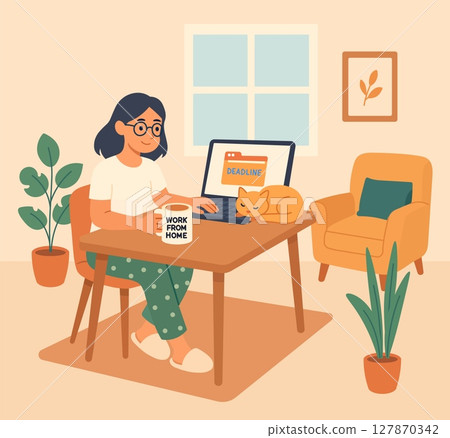 Flat vector illustration of a young woman working from home in cozy pajamas, with a cat, coffee mug, and laptop. Perfect for concepts of remote work, freelance, and work life balance. Flat vector illustration of a young woman working from home in cozy pajamas, with a cat, coffee mug, and laptop. Perfect for concepts of remote work, freelance, and work life balance. 127870342
