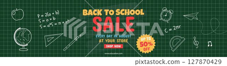 Back to school sale. Banner with dark background in the form of a school board and chalk drawn formulas and school supplies 127870429