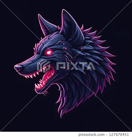 Black Cyber Wolf Head Glowing Logo 127870451