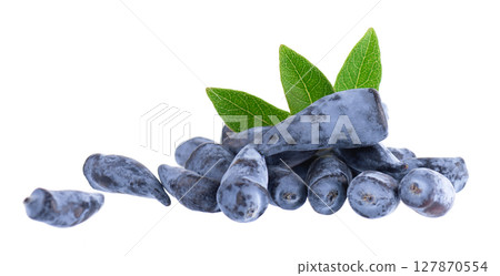 Honeysuckle berry isolated on white background. Fresh honeysuckle blue berry fruits with green leaves. Clipping path. Honeysuckle berry isolated on white background. Fresh honeysuckle blue berry fruits with green leaves. Clipping path. 127870554