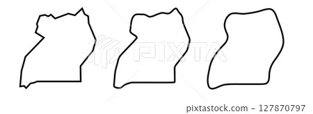 Uganda country black outline silhouettes in three different levels of smoothness. Simplified maps. Vector icons isolated on white background. Uganda country black outline silhouettes in three different levels of smoothness. Simplified maps. Vector icons isolated on white background. 127870797