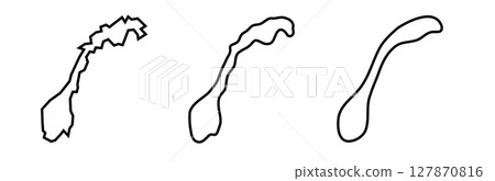 Norway country black outline silhouettes in three different levels of smoothness. Simplified maps. Vector icons isolated on white background. 127870816