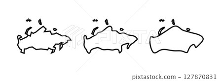 Russia country black outline silhouettes in three different levels of smoothness. Simplified maps. Vector icons isolated on white background. 127870831