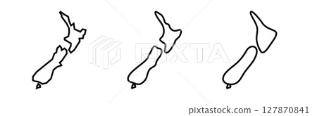 New Zealand country black outline silhouettes in three different levels of smoothness. Simplified maps. Vector icons isolated on white background. New Zealand country black outline silhouettes in three different levels of smoothness. Simplified maps. Vector icons isolated on white background. 127870841