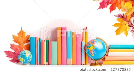 Back to School Autumn Frame with Books globe and Leaves  Watercolor Illustration 127870883