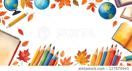 Back to School Autumn Frame with Books globe and Leaves Watercolor Illustration 127870943