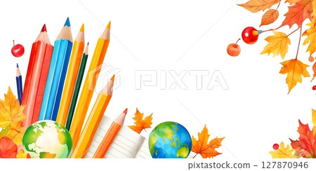 Back to School Autumn Frame with Books globe and Leaves Watercolor Illustration 127870946